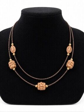 Vintage Double Strand Brown Seed Bead Necklace Gold Tone Accent Beads Adjustable